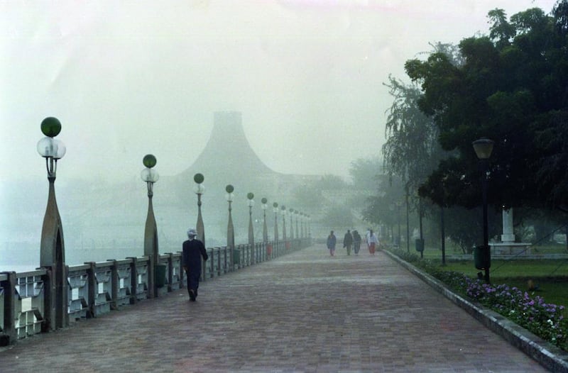 Seen here looming out of the mist, the Volcano Fountain was one of the most well-known landmarks in the city and dominated its surroundings. Courtesy Al Ittihad