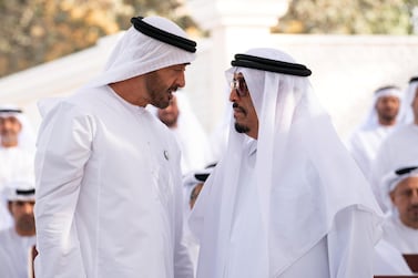 ABU DHABI, UNITED ARAB EMIRATES - March 11, 2019: HH Sheikh Mohamed bin Zayed Al Nahyan, Crown Prince of Abu Dhabi and Deputy Supreme Commander of the UAE Armed Forces (L), attends Sandooq Al Watan Award Ceremony, during a Sea Palace barza. Seen with HE Lt General Dhahi Khalfan Tamim, Chairman of the Board of Directors at Sandooq Al Watan (R). ( Ryan Carter for the Ministry of Presidential Affairs) ---