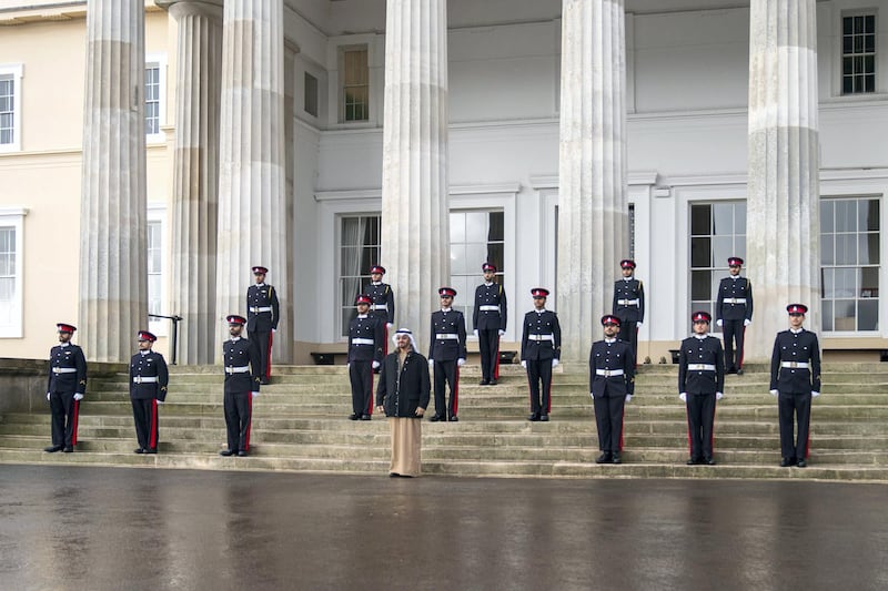 CAMBERLEY, SURREY, UNITED KINGDOM - December 11, 2020: HH Sheikh Mohamed bin Zayed Al Nahyan, Crown Prince of Abu Dhabi and Deputy Supreme Commander of the UAE Armed Forces (C), a photograph with UAE Officer Cadets from Commissioning Courses 201, 202 and 203 during the Sovereign’s Parade for Commissioning Course 201, at The Royal Military Academy Sandhurst. Seen with HH Sheikh Zayed bin Mohamed bin Zayed Al Nahyan (3rd L), HH Sheikh Humaid bin Ammar bin Humaid Al Nuaimi (4th L) and other UAE Officer cadets. 

( Rashed Al Mansoori / Ministry of Presidential Affairs )
---