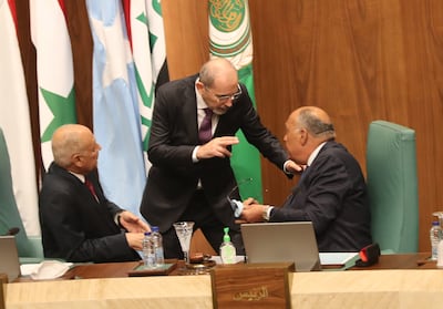 From left, Arab League Secretary General Ahmed Aboul Gheit, Jordanian Foreign Minister Ayman Safadi and his Egyptian counterpart Sameh Shoukry at an Arab League meeting in Cairo. EPA