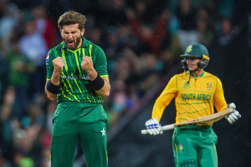 Pakistan’s Shaheen Shah Afridi dismissed South Africa’s Quinton de Kock early on Thursday. AFP