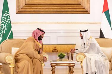 Sheikh Mohamed bin Zayed, Crown Prince of Abu Dhabi and Deputy Supreme Commander of the UAE Armed Forces (right), meets with Mohamed bin Salman bin Abdulaziz, Crown Prince, Deputy Prime Minister and Minister of Defence of Saudi Arabia, in Abu Dhabi last November. Ryan Carter / Ministry of Presidential Affairs