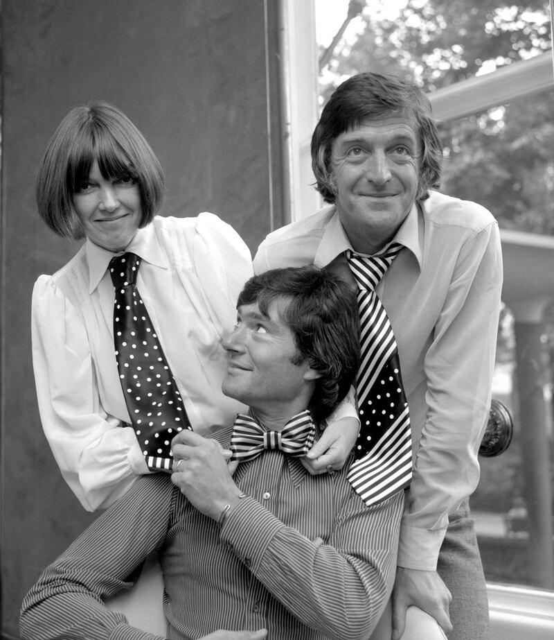 Quant with hair stylist Vidal Sassoon, centre, and TV personality Michael Parkinson, all wearing Quant ties in 1972. AP