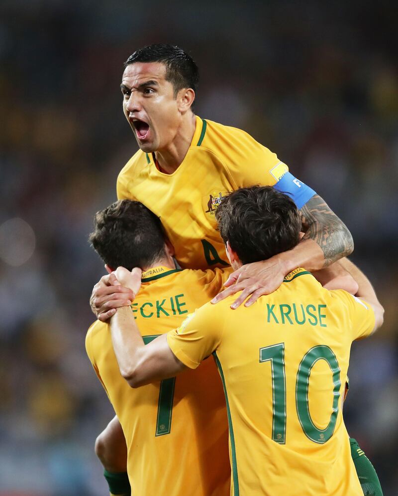 Australia's Tim Cahill celebrates scoring their equalising goal. Matt King / Getty Images