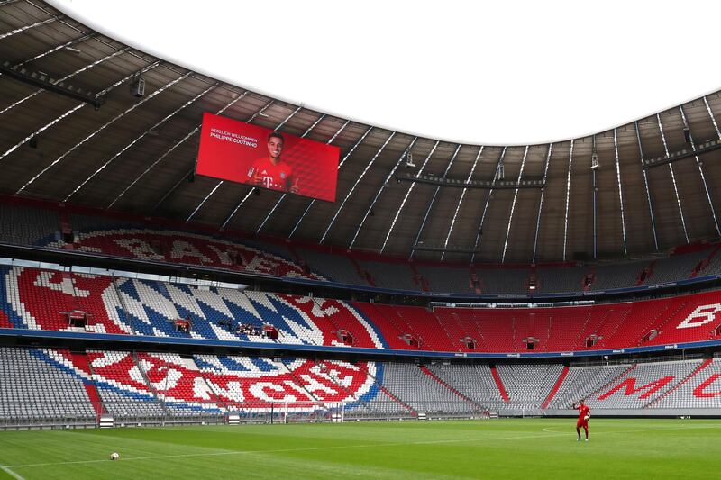 General view of Bayern Munich's Philippe Coutinho displayed on the scoreboard as he is on the pitch during the presentation. Reuters