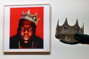 The crown worn by Notorious B.I.G. when photographed as the King of New York, is displayed during a press preview at Sotheby's for their Inaugural HIP HOP Auction on September 10, 2020 in New York City. A celebration of the history and cultural impact of Hip Hop, the sale reflects on the impact the movement has had on art and culture from the late 1970s through the "Golden Age" of the mid-1980s to mid-1990s, and up to the present. - / AFP / Angela Weiss