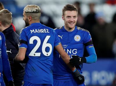 Soccer Football - Premier League - Leicester City vs Watford - King Power Stadium, Leicester, Britain - January 20, 2018   Leicester City's Jamie Vardy and Riyad Mahrez celebrate after the match    REUTERS/David Klein    EDITORIAL USE ONLY. No use with unauthorized audio, video, data, fixture lists, club/league logos or "live" services. Online in-match use limited to 75 images, no video emulation. No use in betting, games or single club/league/player publications.  Please contact your account representative for further details.
