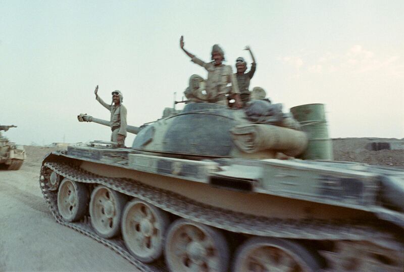 Iraqi soldiers as they regained the Al Faw peninsula of south Iraq on April 20, 1988. Al Faw was scene of some of the bloodiest fighting in the Iran-Iraq war. AFP