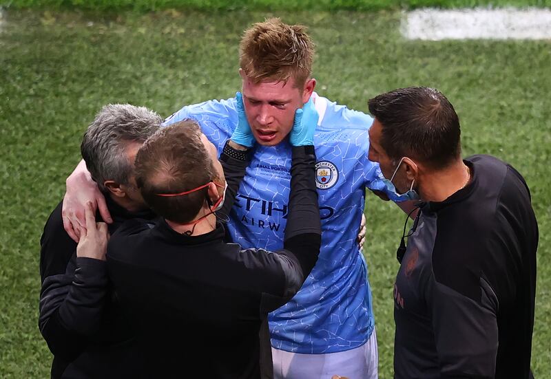 Manchester City's Kevin De Bruyne was left with a broken nose and eye socket after colliding with Chelsea's Antonio Rudiger during the Champions League final in May, 2021. Getty