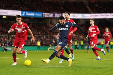 Chelsea's Armando Broja attempts a shot on goal, during the English League Cup semi final first leg soccer match between Middlesbrough and Chelsea, at the Riverside Stadium, in Middlesbrough, England, Tuesday, Jan.  9, 2024.  (Martin Rickett / PA via AP)