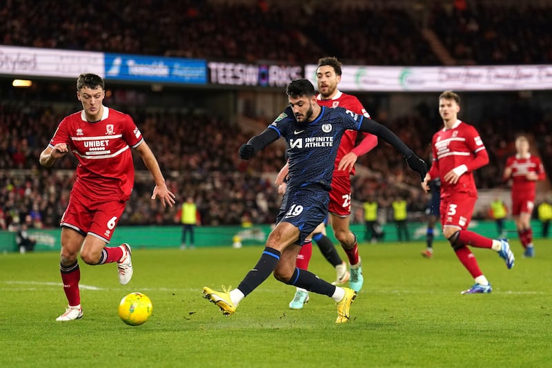 Chelsea's Armando Broja attempts a shot on goal, during the English League Cup semi final first leg soccer match between Middlesbrough and Chelsea, at the Riverside Stadium, in Middlesbrough, England, Tuesday, Jan.  9, 2024.  (Martin Rickett / PA via AP)