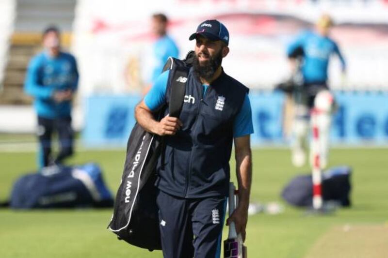 England's Moeen Ali arrives for a training session at Lord's cricket ground.