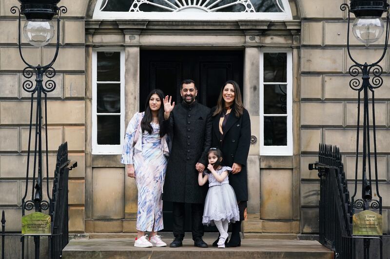Humza Yousaf, with his wife Nadia El Nakla, daughter Amal, three, and step-daughter Maya arrives at Bute House, Edinburgh, for his swearing-in as Scotland's First Minister. All pictures: PA