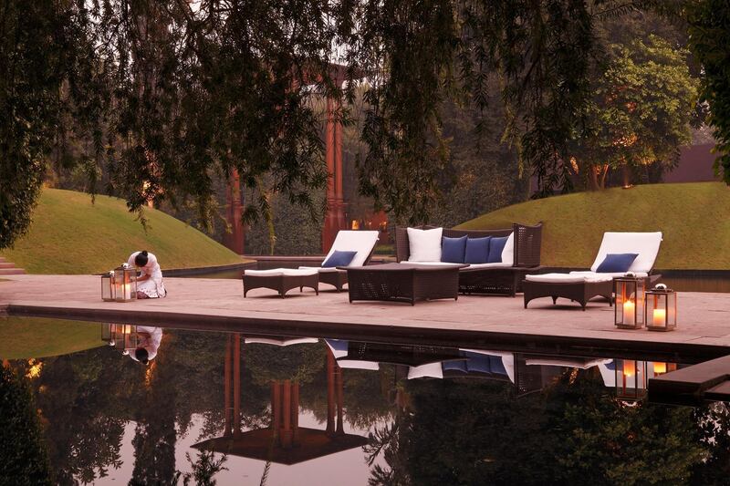The pool deck at The Roseate, New Delhi. The Roseate