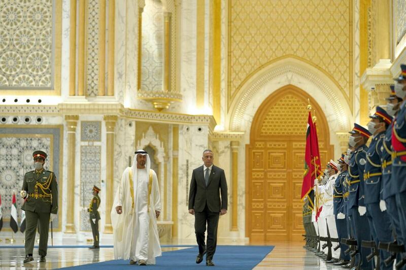 The official reception for Iraqi Prime Minister Kadhimi with Sheikh Mohamed Bin Zayed at Qasr Al Watan. Courtesy the Iraqi Prime Minister's Office