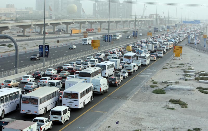 DUBAI, UNITED ARAB EMIRATES – April 20: Traffic jam on Sheikh Zayed Road because of accident going towards Abu Dhabi near 5th interchange in Dubai. (Pawan Singh / The National)
 *** Local Caption *** OP22Letters_2.jpg