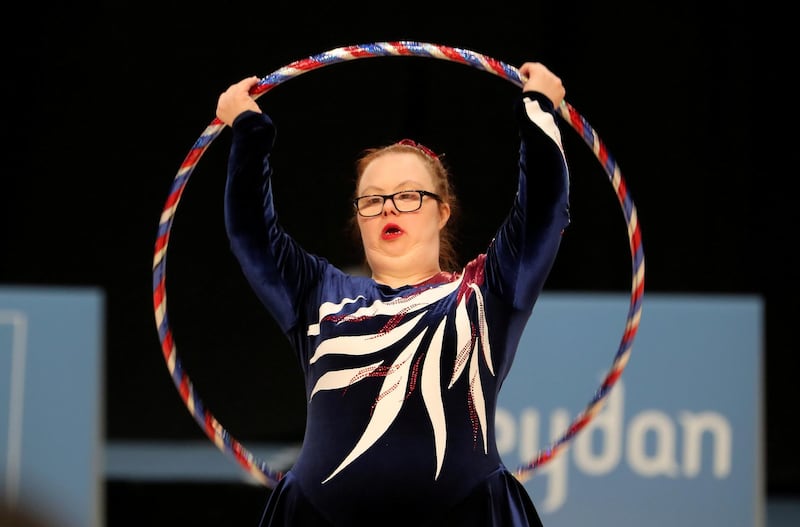 ABU DHABI , UNITED ARAB EMIRATES , March 19 – 2019 :- Caroline Jennison from Great Britain  participating in the Gymnastics (Rhythmic) at the Special Olympic games held at ADNEC in Abu Dhabi. ( Pawan Singh / The National ) For News/Instagram/Online/Big Picture