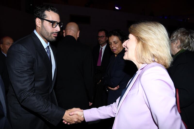 Mohammed Khalifa Al Mubarak, Chairman of  Abu Dhabi's Department of Culture and Tourism,Tourism and Development & Investment Companyshakes hand with President of Versailles Castle Catherine Pegard. Pascal Le Segretain / Getty Images