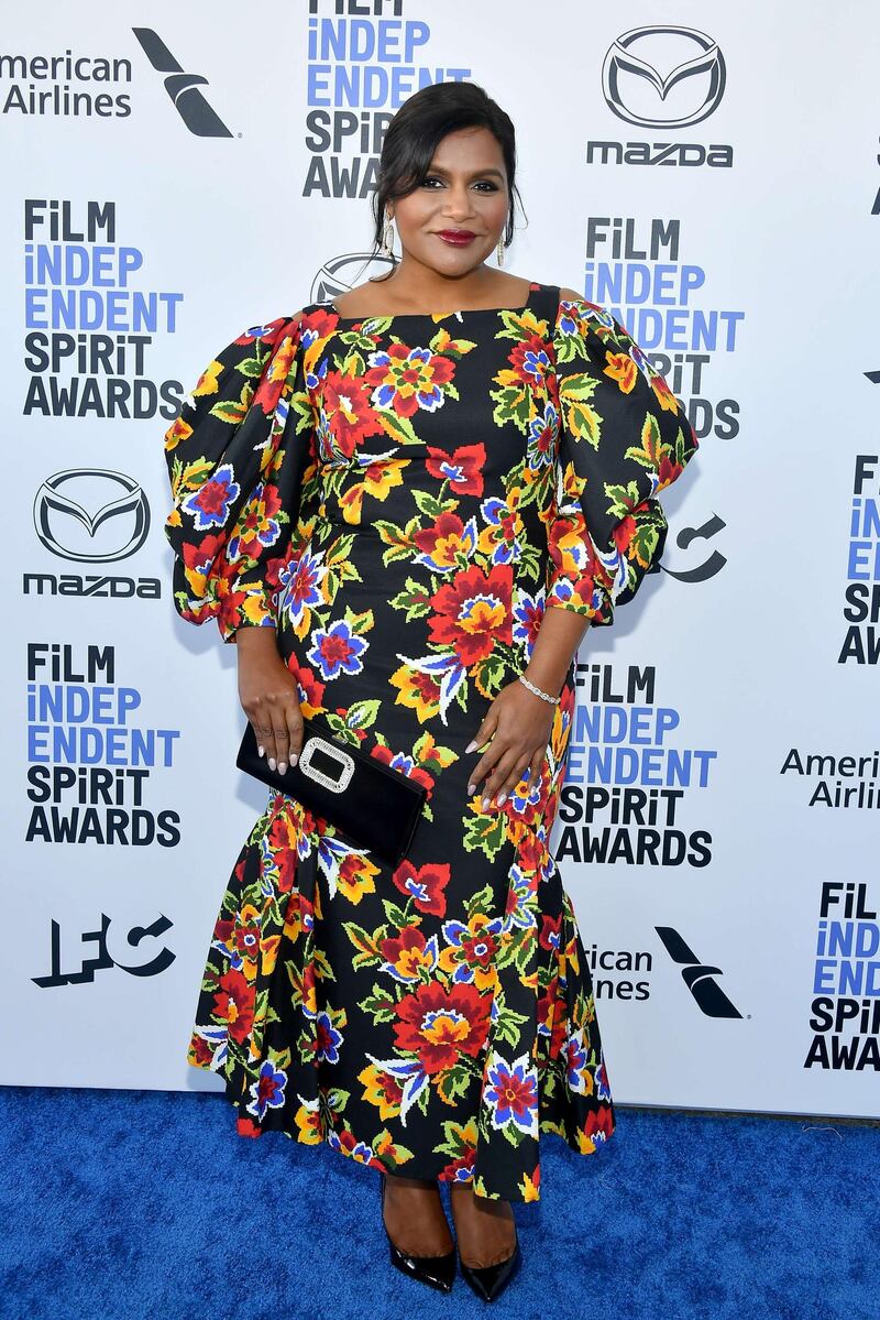 Mindy Kaling in Carolina Herrera at the 35th Film Independent Spirit Awards in California on February 8, 2020. AFP