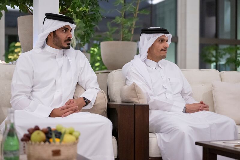 Sheikh Mohammed bin Abdulrahman Al Thani, Qatar's Prime Minister and Foreign Minister, right, and Sheikh Khalifa bin Hamad Al Thani, Qatar's Minister of Interior, attend the meeting