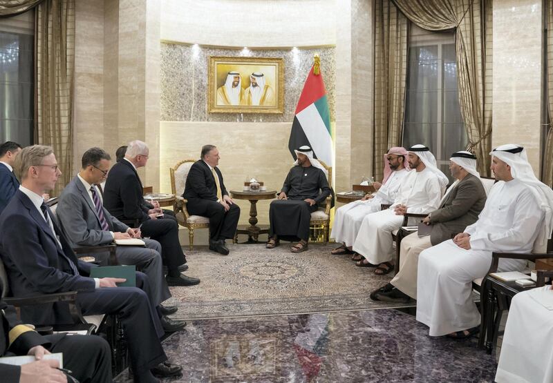 ABU DHABI, UNITED ARAB EMIRATES - January 12, 2019: HH Sheikh Mohamed bin Zayed Al Nahyan, Crown Prince of Abu Dhabi and Deputy Supreme Commander of the UAE Armed Forces (5th R), meets with Michael Pompeo, US Secretary of State (6th R), at Al Shati Palace. Seen with HE Khaldoon Khalifa Al Mubarak, CEO and Managing Director Mubadala, Chairman of the Abu Dhabi Executive Affairs Authority and Abu Dhabi Executive Council Member (R), HE Dr Anwar bin Mohamed Gargash, UAE Minister of State for Foreign Affairs (2nd R), HH Sheikh Abdullah bin Zayed Al Nahyan, UAE Minister of Foreign Affairs and International Cooperation (3rd R) and HH Sheikh Tahnoon bin Zayed Al Nahyan, UAE National Security Advisor (4th R). 

( Mohamed Al Hammadi / Ministry of Presidential Affairs )
---