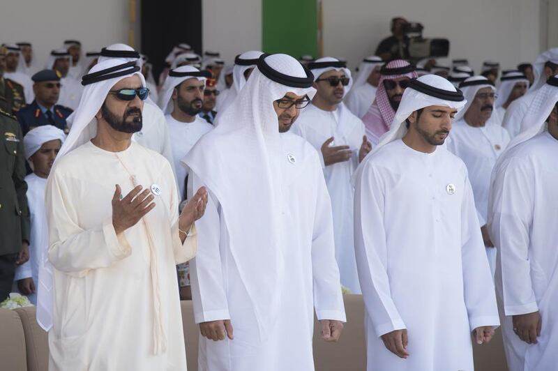 Sheikh Mohammed bin Rashid, Vice-President and Ruler of Dubai, Sheikh Mohammed bin Zayed, Crown Prince of Abu Dhabi and Deputy Supreme Commander of the Armed Forces, and Sheikh Hamdan, Crown Prince of Dubai, attend prayer. Mohamed Al Suwaidi / Crown Prince Court - Abu Dhabi