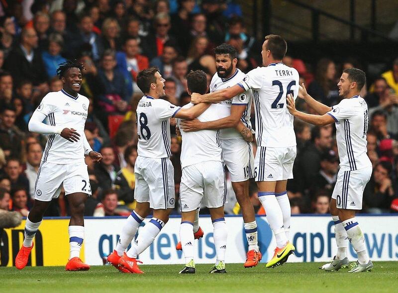 Diego Costa of Chelsea celebrates scoring Watford last week. Steve Bardens / Getty