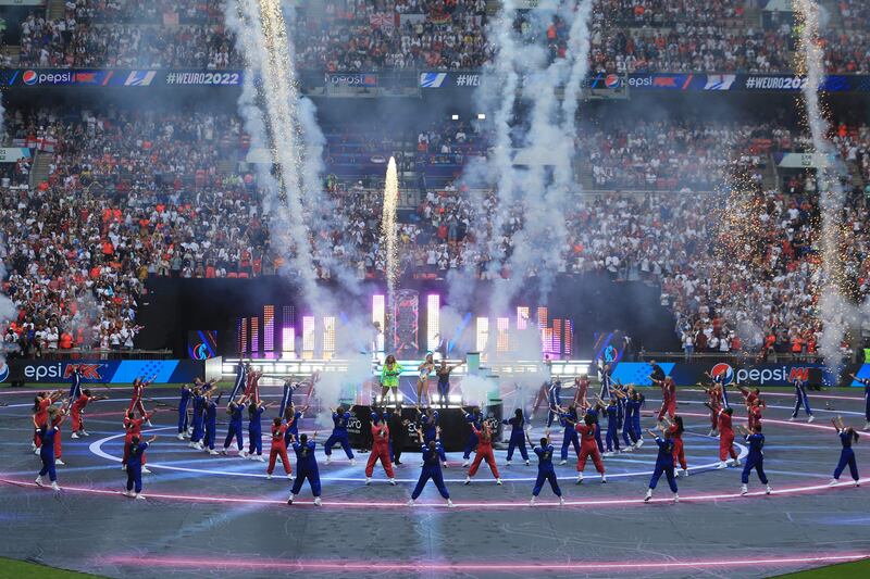 British singer-songwriter Becky Hill performs prior to the start of the match. AFP