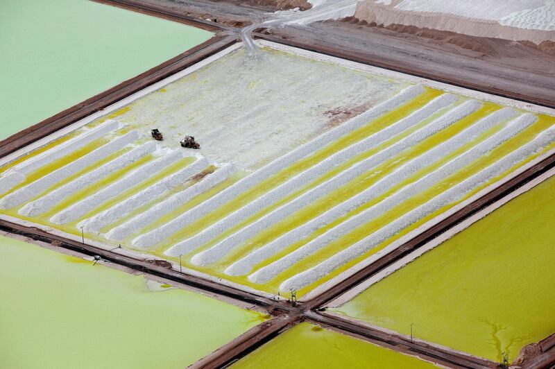 FILE PHOTO: An aerial view of the brine pools and processing areas of the Soquimich lithium mine on the Atacama salt flat in the Atacama desert of northern Chile, January 10, 2013. REUTERS/Ivan Alvarado/File Photo