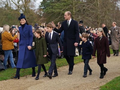 The Princess of Wales, Princess Charlotte, Prince George, the Prince of Wales, Prince Louis and Mia Tindall attending the Christmas Day morning church service at St Mary Magdalene Church in Sandringham. PA 
