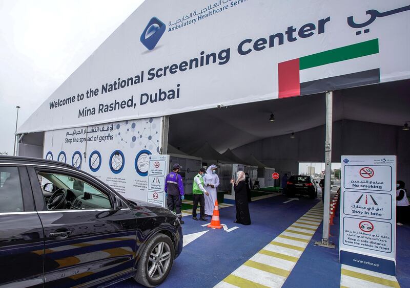 Dubai, United Arab Emirates, April 12, 2020.  Cars line up at the National Screening Center, Mina Rashed, Dubai.
Victor Besa / The National
Section:  NA
Reporter:  Nick Webster