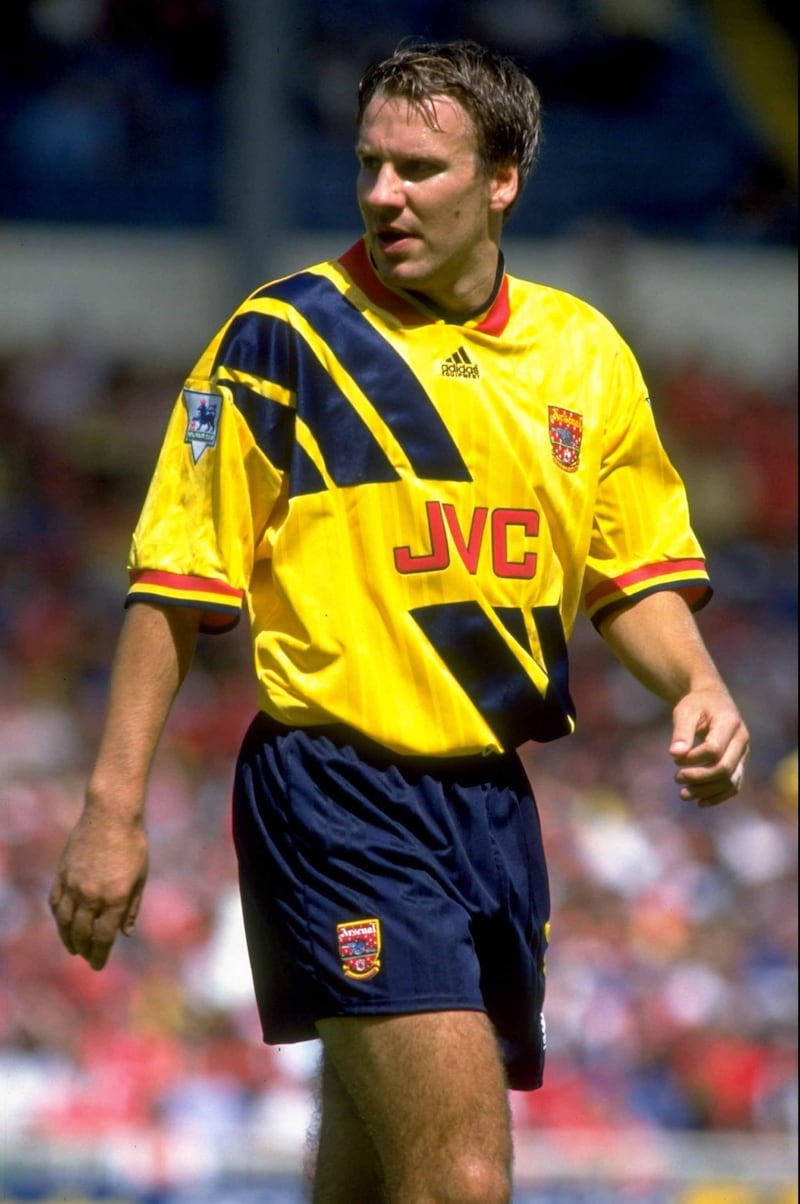 1993:  Paul Merson of Arsenal keeps his eye on the ball during the Charity Shield match against Manchester United at Wembley Stadium in London. Manchester United won the match 6-5. \ Mandatory Credit: Steve  Morton/Allsport/Getty Images