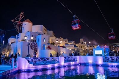 A cable car soars over the beautiful Greek zone at Boulevard World. Photo: Riyadh Season