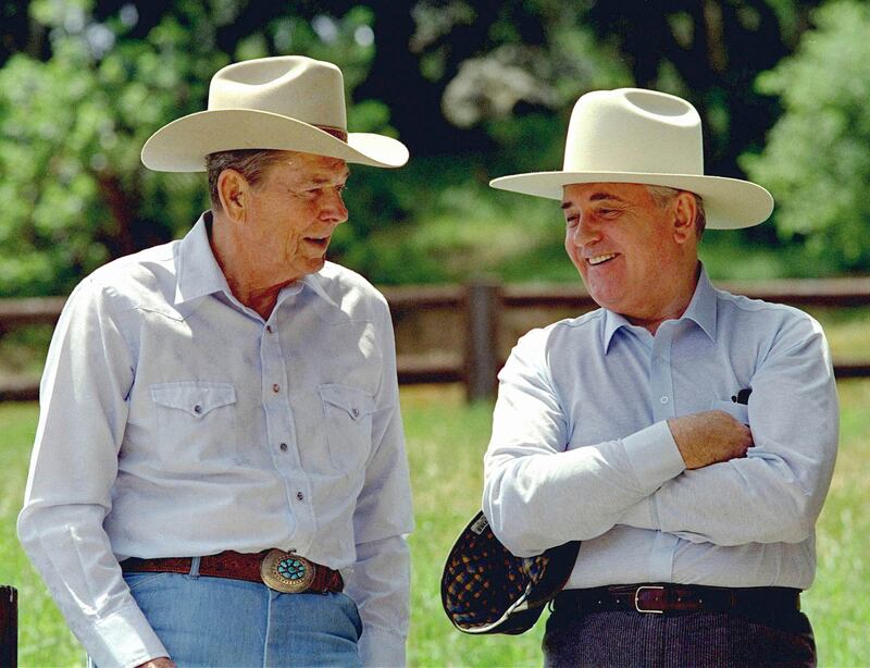 Reagan and Gorbachev don cowboy hats while enjoying a moment at Reagan's Rancho del Cielo, near Santa Barbara, California, in May 1992. AP