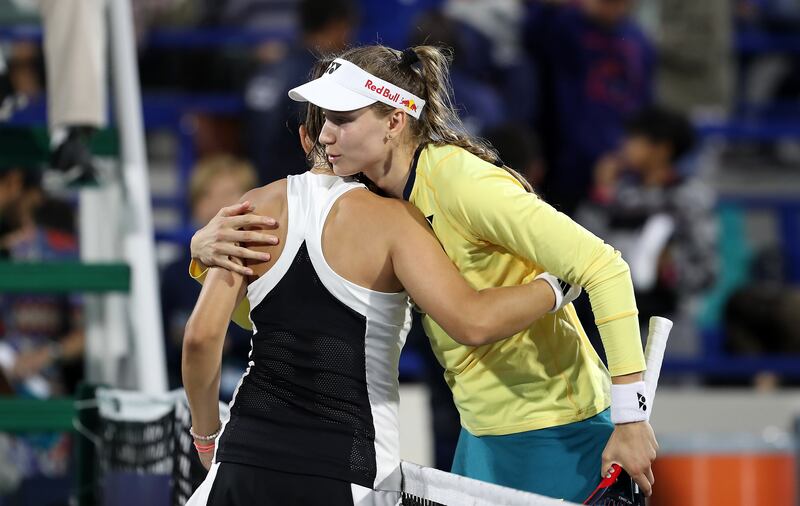 Elena Rybakina, right, hugs Daria Kasatkina after her victory.