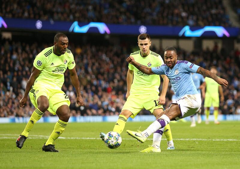 Raheem Sterling takes a shot at goal against Dinamo Zagreb. Getty Images