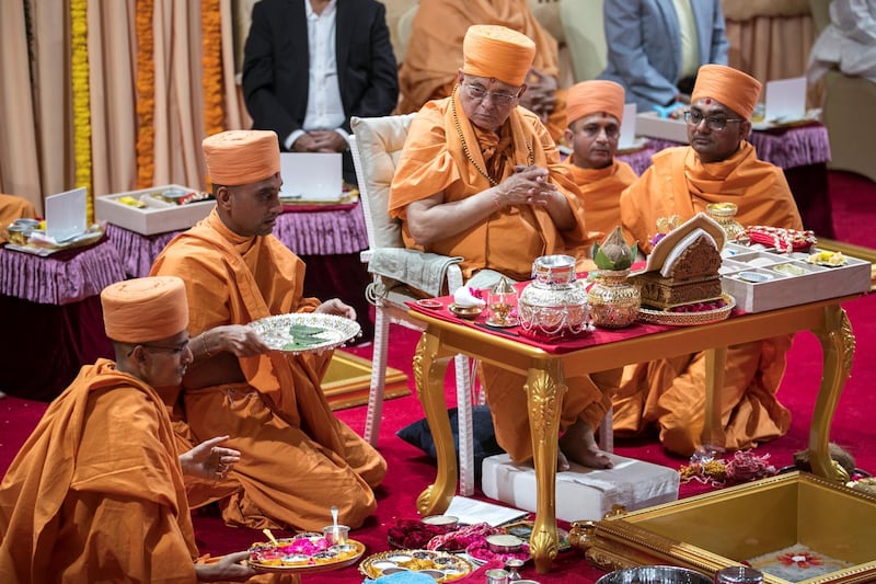 ABU DHABI, UNITED ARAB EMIRATES - April 20 2019.

The Shilanyas Vidhi, The Foundation
ceremony of the first traditional Hindu Mandir in Abu Dhabi, UAE. The Vedic ceremony is performed in the holy presence of His Holiness Mahant Swami Maharaj, the spiritual leader of BAPS Swaminarayan Sanstha.

(Photo by Reem Mohammed/The National)

Reporter:
Section: NA + BZ