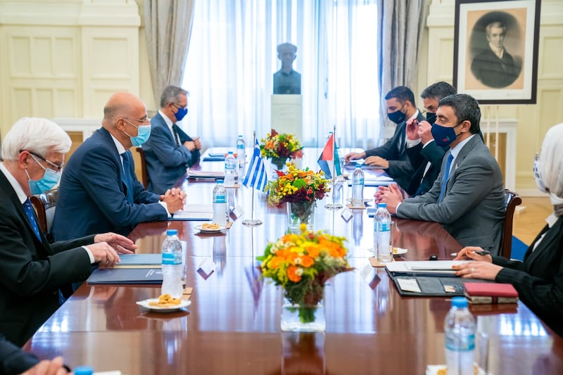 Sheikh Abdullah bin Zayed, Minister of Foreign Affairs and International Co-operation, meets Greek Minister for Foreign Affairs, Nikos Dendias, to discuss ways to increase co-operation between the UAE and Greece. Wam