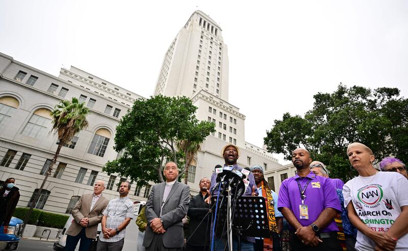 Pastor Kelvin Sauls speaks out after a recorded, racially charged leaked conversation between leaders at City Hall and the president of the Los Angeles County Federation of Labour.  AFP