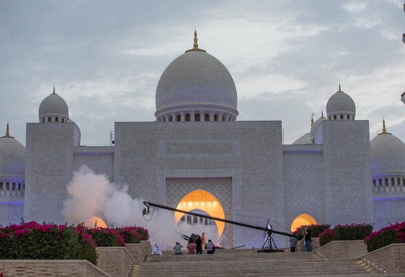 ABU DHABI, UNITED ARAB EMIRATES, 17 May 2018 -Cannon fired to end the fasting at Sheikh Zayed Grand Mosque, Abu Dhabi. Leslie Pableo for The National