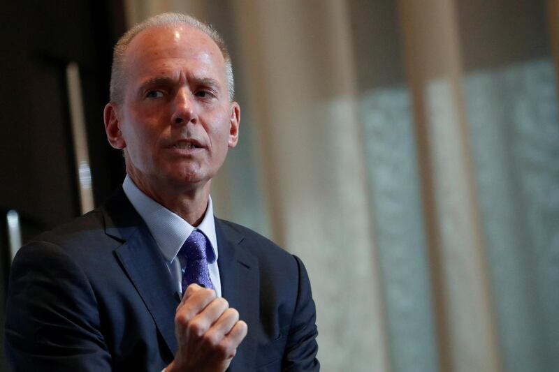 FILE PHOTO: Boeing CEO Dennis Muilenburg  speaks at the New York Economic club luncheon in New York City, New York, U.S., October 2, 2019. REUTERS/Shannon Stapleton/File Photo