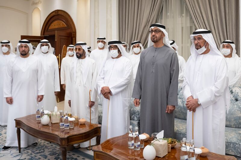 At Mushrif Palace in Abu Dhabi, President Sheikh Mohamed receives condolences after the death of Sheikh Khalifa on Friday. In attendance were Sheikh Saif bin Mohamed; Sheikh Tahnoon bin Mohamed, Ruler's Representative in Al Ain Region, and Sheikh Hamdan bin Zayed, Ruler’s Representative in Al Dhafra Region. Seen with Hamad bin Suhail Al Khaili.