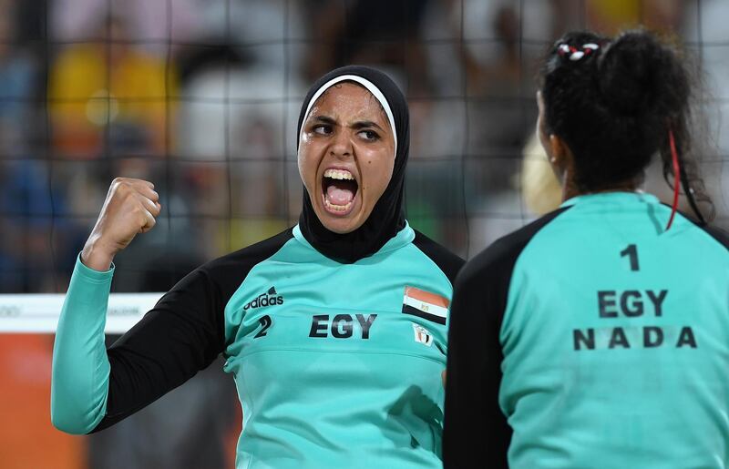 RIO DE JANEIRO, BRAZIL - AUGUST 07:  Doaa Elghobashy of Egypt reacts during the Women's Beach Volleyball preliminary round Pool D match against Laura Ludwig and Kira Walkenhorst of Germany on Day 2 of the Rio 2016 Olympic Games at the Beach Volleyball Arena on August 7, 2016 in Rio de Janeiro, Brazil.  (Photo by Shaun Botterill/Getty Images)