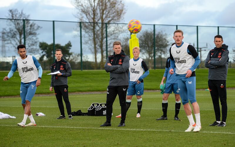 New Newcastle United coach Eddie Howe takes his first session at the club's training centre.