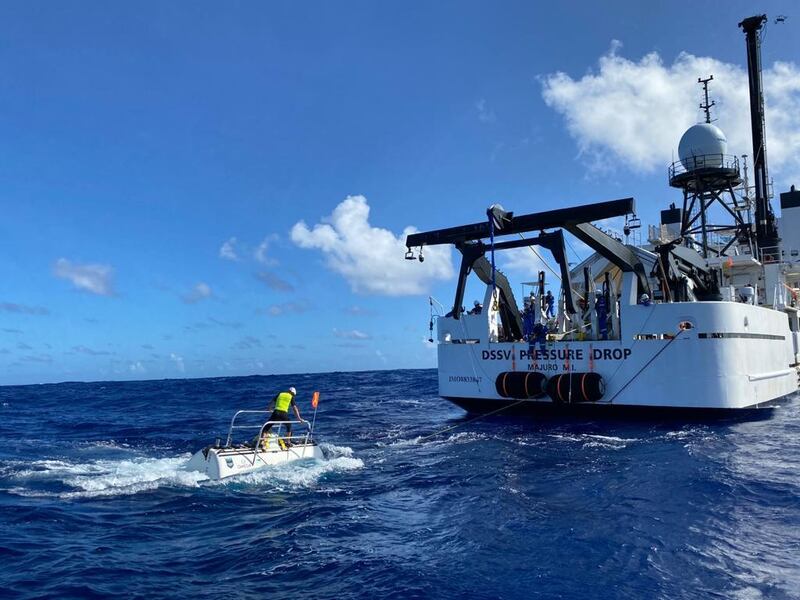 The two-seater submersible, DSV Limiting Factor, entering the Pacific ocean on Friday morning. Courtesy: Richard Garriott
