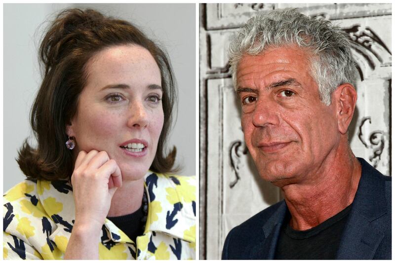 This combination of 2004 and 2016 file photos shows fashion designer Kate Spade and chef Anthony Bourdain in New York. A U.S. report released in June 2018 found an uptick in suicide rates in nearly every state since 1999. Middle-aged adults _ ages 45 to 64 _ had the largest rate increase. Bourdain was 61 and Spade was 55. (AP Photo/Bebeto Matthews, Andy Kropa/Invision)