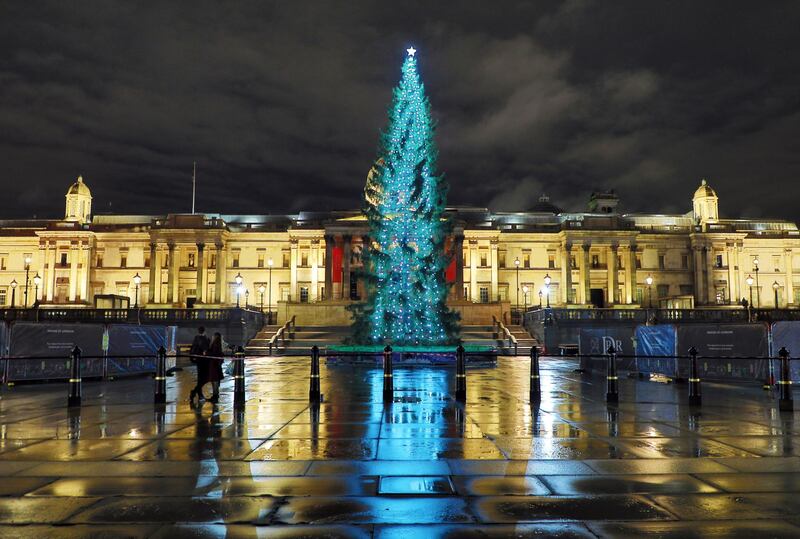 Mandatory Credit: Photo by Paul Brown/Shutterstock (11119479d)
Trafalgar Square Christmas Tree lights switched on in Trafalgar Square, London
Trafalgar Square Christmas Tree lights switched on in Trafalgar Square, London, UK - 03 Dec 2020