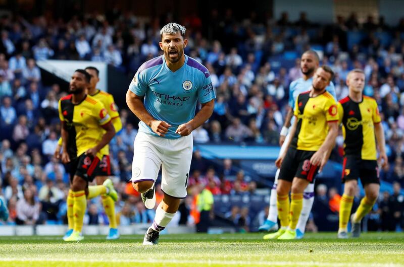 Manchester City's Sergio Aguero celebrates scoring their second goal from the penalty spot. Reuters