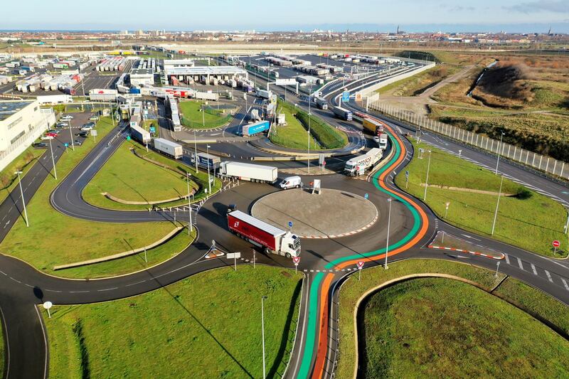 Orange and green lanes for entry into France and the EU are painted on the road as new customs infrastructure forms in case of "no deal" Brexit at Eurotunnel terminal in Coquelles, near Calais. Reuters