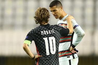 Soccer Football - UEFA Nations League - Group C - Croatia v Portugal - Stadion Poljud, Split, Croatia - November 17, 2020 Portugal's Cristiano Ronaldo speaks with Croatia's Luka Modric after the match REUTERS/Antonio Bronic